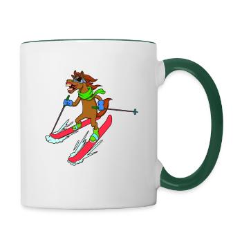 Comic Pferd fährt Ski - Tasse zweifarbig - Weiß/Dunkelgrün - Rechts