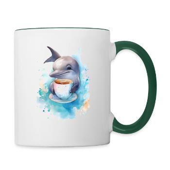 Dauphin avec style aquarelle café - Mug contrasté - blanc/vert foncé - Droite