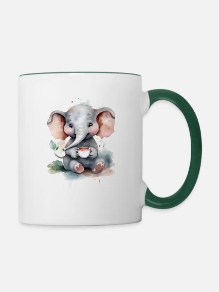 Elefant mit Kaffee -Aquarellstil - Tasse zweifarbig - Weiß/Dunkelgrün