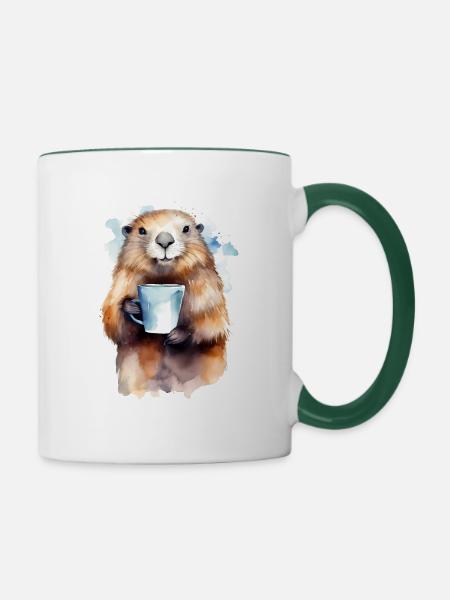 Marmot mit Kaffee -Aquarellstil - Tasse zweifarbig - Weiß/Dunkelgrün