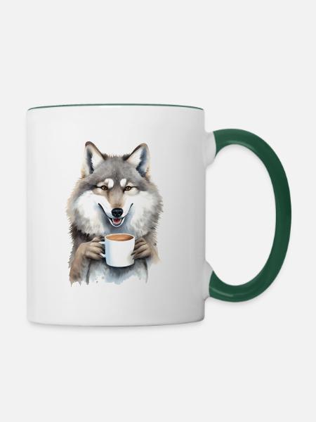 Wolf mit Kaffee -Aquarellstil - Tasse zweifarbig - Weiß/Dunkelgrün