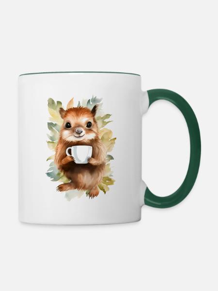 Eichhörnchen mit Kaffee -Aquarellstil - Tasse zweifarbig - Weiß/Dunkelgrün