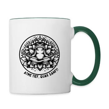 "Atme tief, quak sanft" Frosch im Yoga Design - Tasse zweifarbig - Weiß/Dunkelgrün - Rechts