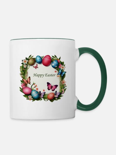 Osterkranz - Happy Easter - Tasse zweifarbig - Weiß/Dunkelgrün
