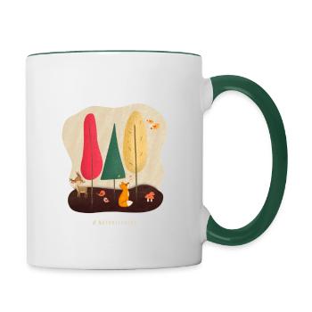 Nature Lovers - Herbst Design Reh & Fuchs im Wald - Tasse zweifarbig - Weiß/Dunkelgrün - Rechts