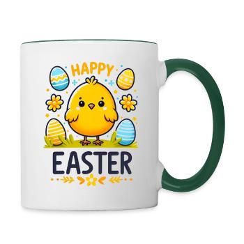 Frohe Ostern - Süßes Osterhuhn mit Eiern - Tasse zweifarbig - Weiß/Dunkelgrün - Rechts