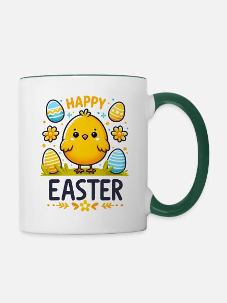 Happy Easter - Cute easter chicken with eggs - Contrasting Mug - white/dark green