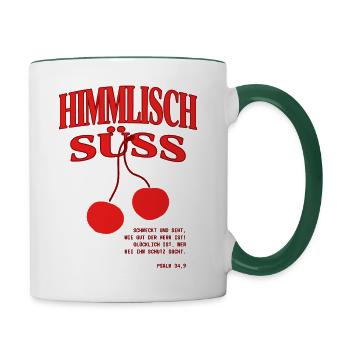 Christliche Shirts Psalm 34,4 Kirschen Geschenk - Tasse zweifarbig - Weiß/Dunkelgrün - Rechts