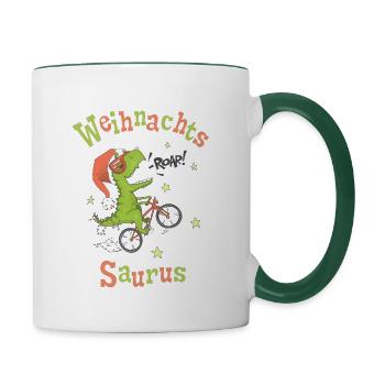 Weihnachts Dinosaurier -Dino Weihnachten - Tasse zweifarbig - Weiß/Dunkelgrün - Rechts