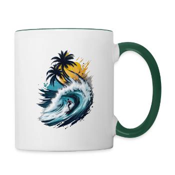 Surfeurs sur une grosse vague devant les palmiers - Mug contrasté - blanc/vert foncé - Droite