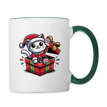Chat de Noël dans une boîte cadeau - Mug contrasté - blanc/vert foncé - Droite