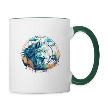 Geometrischer Wolfsblick - Tasse zweifarbig - Weiß/Dunkelgrün - Rechts
