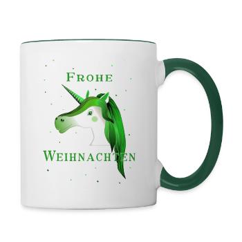 Frohe Weihnachten - Einhorn - Tasse zweifarbig - Weiß/Dunkelgrün - Rechts