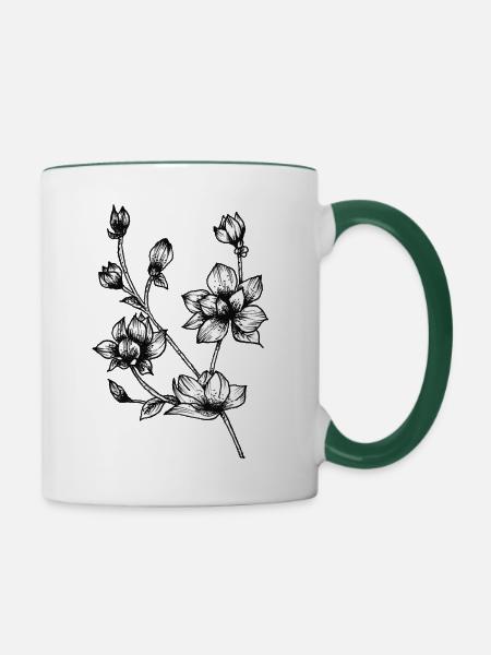 Dessin botanique / Calligraphie - branche fleur - Mug contrasté - blanc/vert foncé