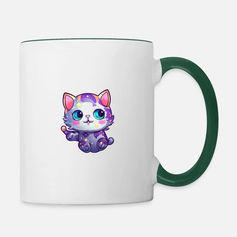 Mignon chat de dessin animé flottant dans l’espace - Mug contrasté - blanc/vert foncé