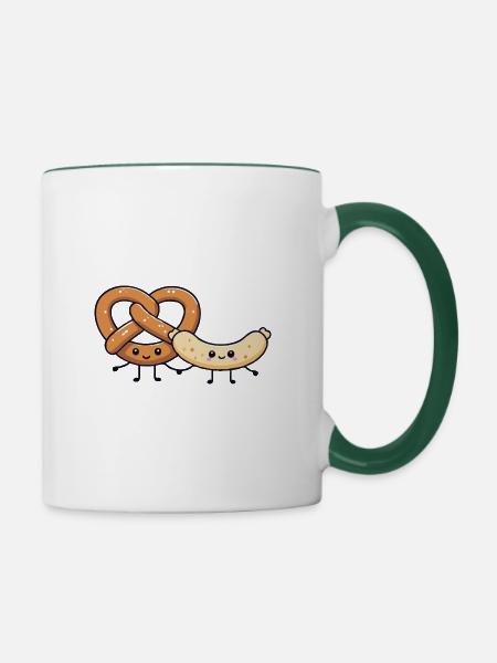 Weißwurst mit Brezel - Tasse zweifarbig - Weiß/Dunkelgrün