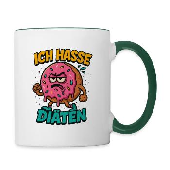 Lustiger Donut – „Ich hasse Diäten“ Cartoon Design - Tasse zweifarbig - Weiß/Dunkelgrün - Rechts