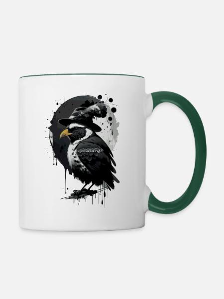 Vogel mit Hut - Tasse zweifarbig - Weiß/Dunkelgrün