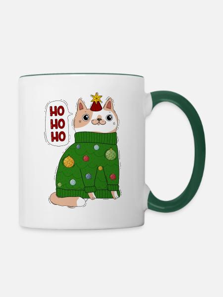 Katze im Weihnachtspullover - Tasse zweifarbig - Weiß/Dunkelgrün
