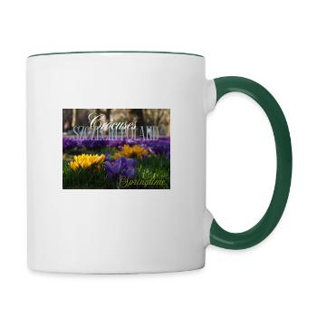 Crocus flowers at a park in Szczecin Poland - Contrasting Mug - white/dark green - Right