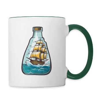Navire, mer et mouettes dans une seule bouteille - Mug contrasté - blanc/vert foncé - Droite
