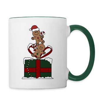 Lebkuchenmänner mit Geschenk - Tasse zweifarbig - Weiß/Dunkelgrün - Rechts