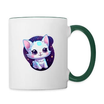 "Kitty Galaxy: Cute Cartoon Floating in Space" - Contrasting Mug - white/dark green - Right