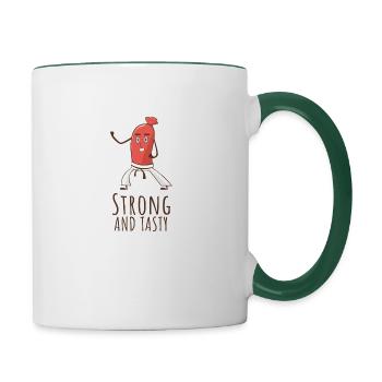 Strong and Tasty karate sausage gift - Contrasting Mug - white/dark green - Right