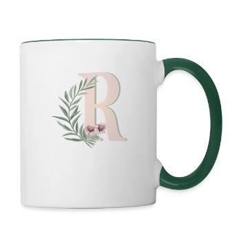 Buchstabe R mit Blumen - Tasse zweifarbig - Weiß/Dunkelgrün - Rechts