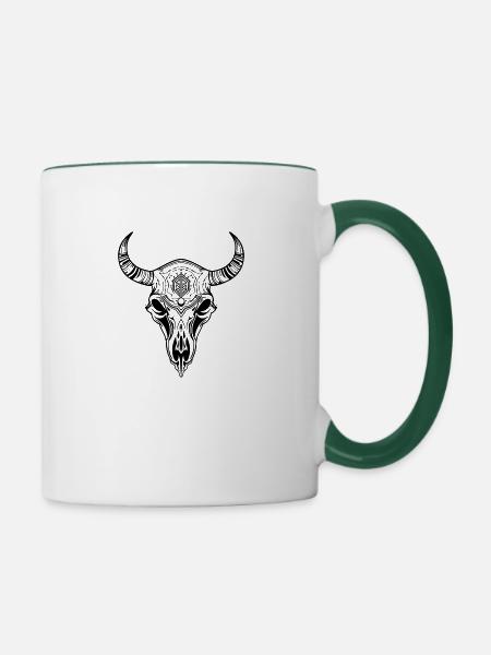 Kuh Schädel Boho - Tasse zweifarbig - Weiß/Dunkelgrün