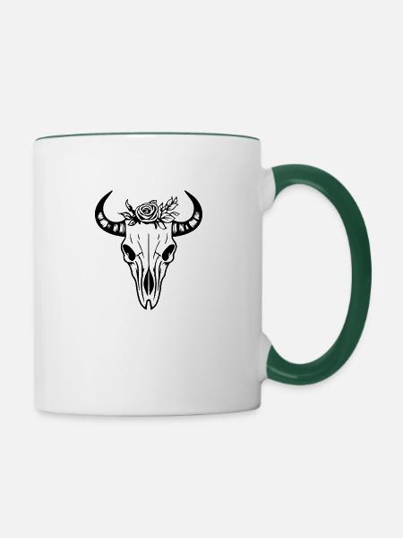 Kuh Schädel Boho - Tasse zweifarbig - Weiß/Dunkelgrün