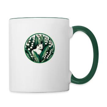 Lily of the Valley white kitty cat - Contrasting Mug - white/dark green - Right