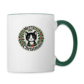 Frohe Weihnachten Smoking Katze Urlaub Kunst - Tasse zweifarbig - Weiß/Dunkelgrün - Rechts