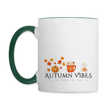 Autumn Vibes - Herbst Design - Kürbis - Blätter - Tasse zweifarbig - Weiß/Dunkelgrün - Links