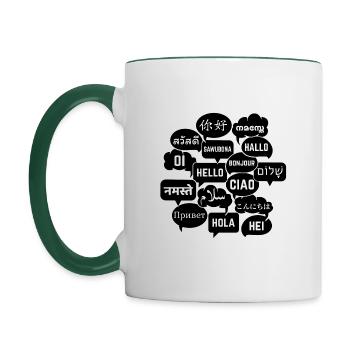 Sprechblasen "Hallo" in verschiedenen Sprachen - Tasse zweifarbig - Weiß/Dunkelgrün - Links