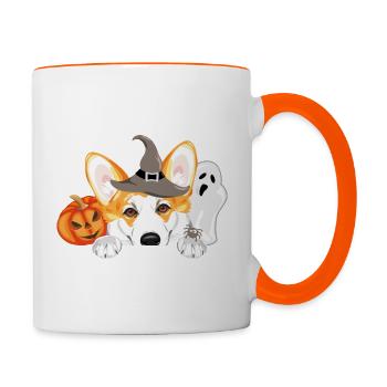 Lugpender Corgi-Hund mit Geist und Halloween-Kürbis - Tasse zweifarbig - Weiß/Orange - Rechts