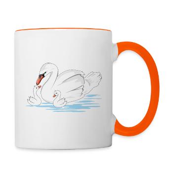 Maman cygne blanc et ses deux bébés - Mug contrasté - blanc/orange - Droite