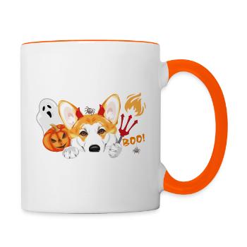 Spannender Corgi-Hund mit Halloween-Accessoires - Tasse zweifarbig - Weiß/Orange - Rechts