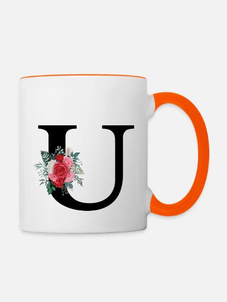 Roter floraler U-Buchstabe - Tasse zweifarbig - Weiß/Orange