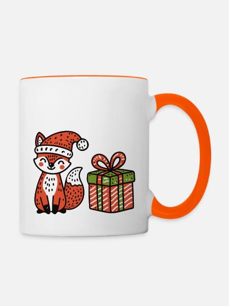 Weihnachtsfuchs mit Mütze und Geschenk - Tasse zweifarbig - Weiß/Orange