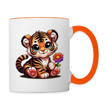 Bébé tigre mignon avec une fleur à la main - Mug contrasté - blanc/orange - Droite