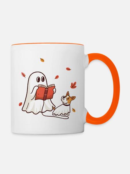 Kleiner Halloween Geist liest ein Buch mit Hund - Tasse zweifarbig - Weiß/Orange