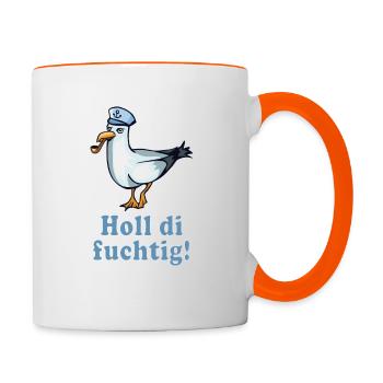 Holl di fuchtig - Plattdeutsch - Bleib gesund! - Tasse zweifarbig - Weiß/Orange - Rechts