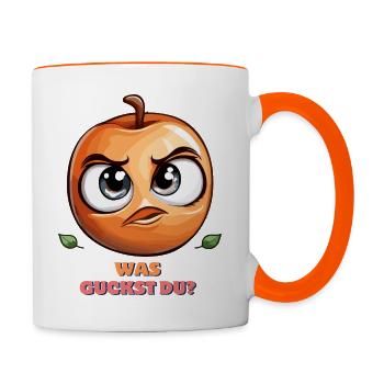 Was guckst du lustiger Pfirsich - Tasse zweifarbig - Weiß/Orange - Rechts