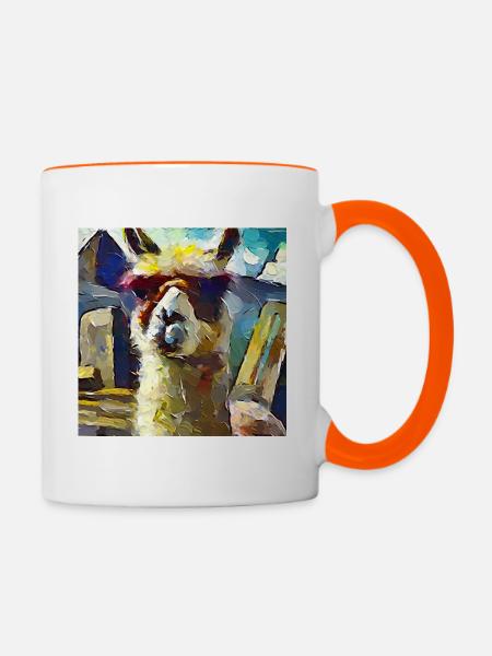 Abstraktes farbiges Ölgemälde eines Lamas - Tasse zweifarbig - Weiß/Orange