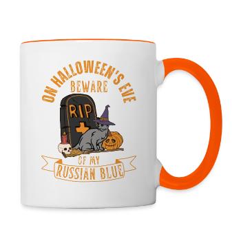 Mignon et effrayant chat d’Halloween bleu russe - Mug contrasté - blanc/orange - Droite