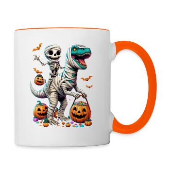 drôle squelette chevauchant momie dinosaure citrouille bonbons - Mug contrasté - blanc/orange - Droite