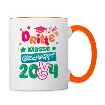 Schule - Dritte Klasse geschafft - Zeugnis - 2024 - Tasse zweifarbig - Weiß/Orange - Rechts