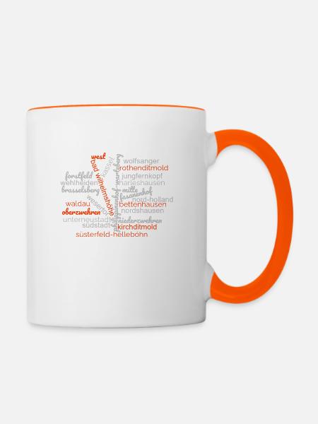 Wordcloud Kassel mit Stadtteilen - Tasse zweifarbig - Weiß/Orange
