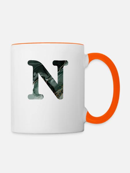 Grün marmorierter Buchstabe n - Tasse zweifarbig - Weiß/Orange